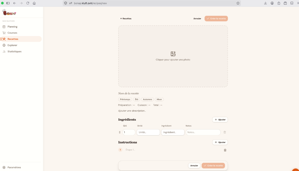 Formulaire de création manuelle de recette sur Bonapp