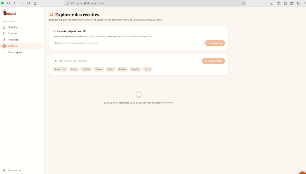 Capture d'écran de l'explorateur de recettes dans Bonapp
